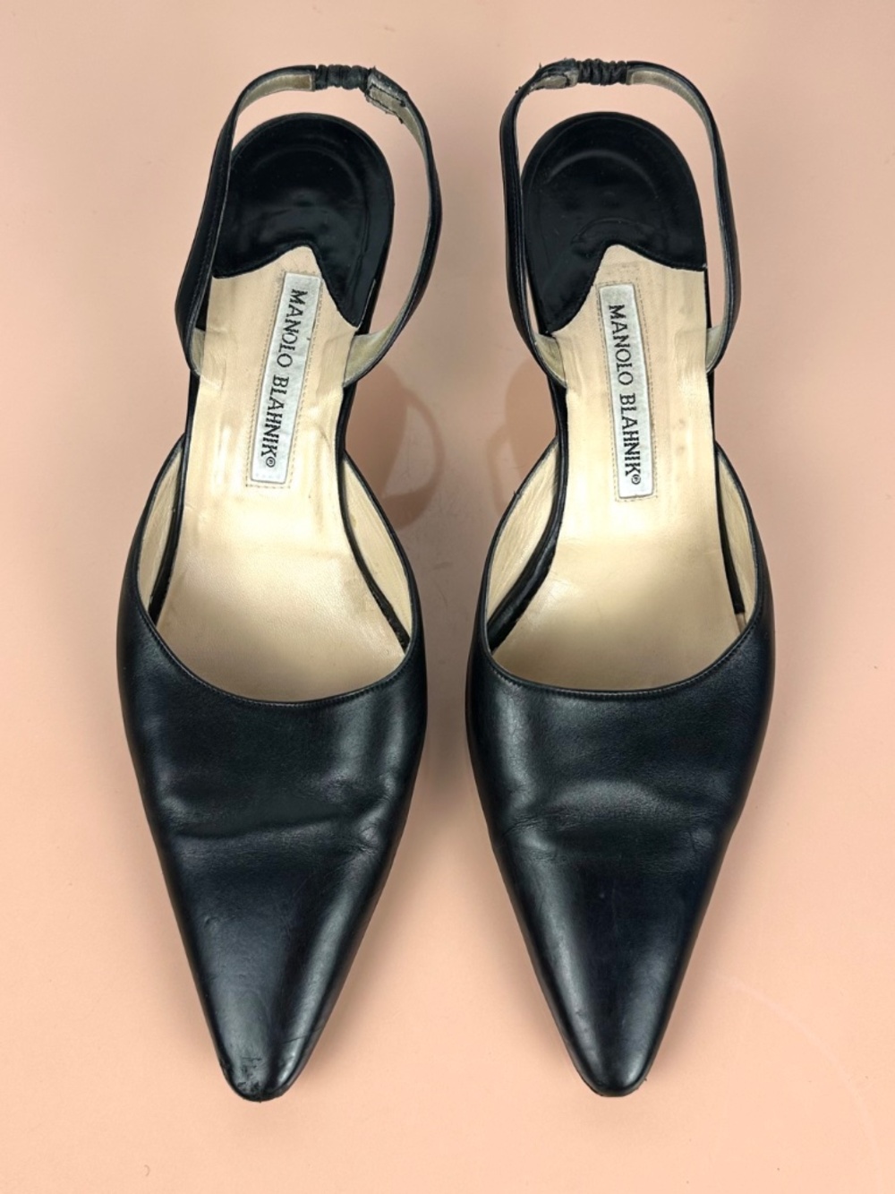 Vintage Manolo Blahnik Black Leather Pointed Toe Slingback Heels EU 39 - Picture 5 of 16